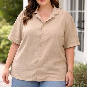 OAK + FORT Linen Cotton Pinstripe Button Down Shirt Neutral Minimalist